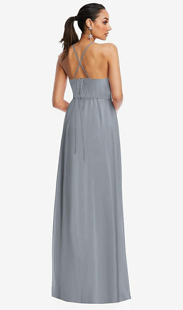 Back View - Platinum Plunging V-Neck Criss Cross Strap Back Maxi Dress