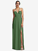 Front View Thumbnail - Vineyard Green Plunging V-Neck Criss Cross Strap Back Maxi Dress