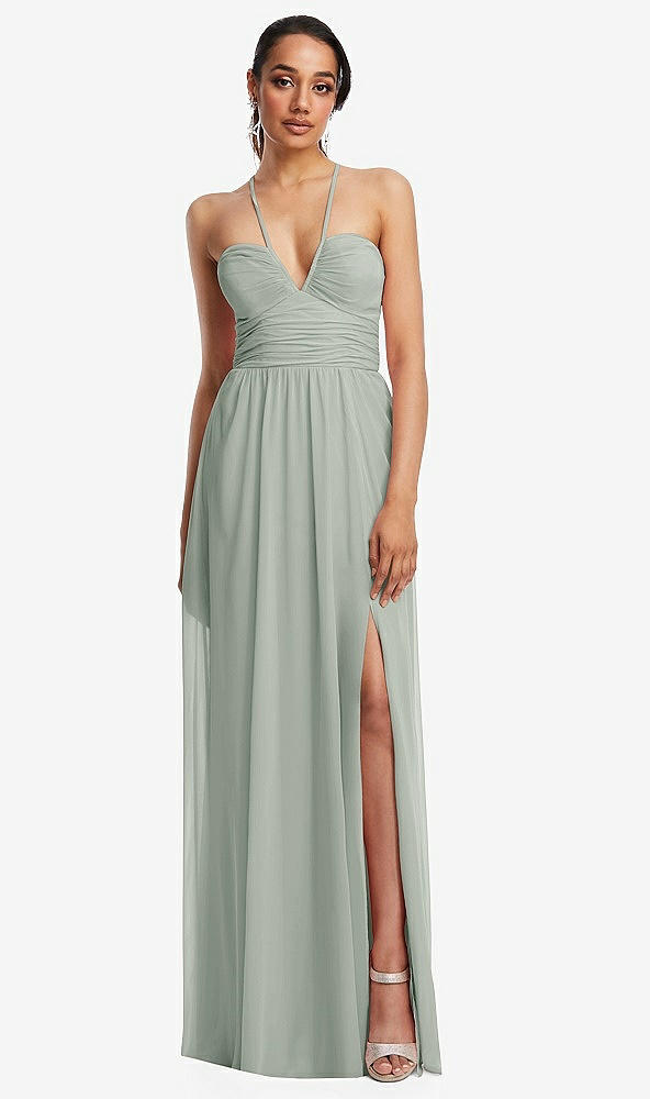 Front View - Willow Green Plunging V-Neck Criss Cross Strap Back Maxi Dress