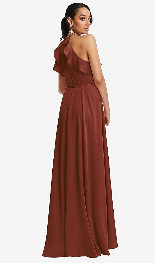 Back View - Auburn Moon Ruffle-Trimmed Bodice Halter Maxi Dress with Wrap Slit