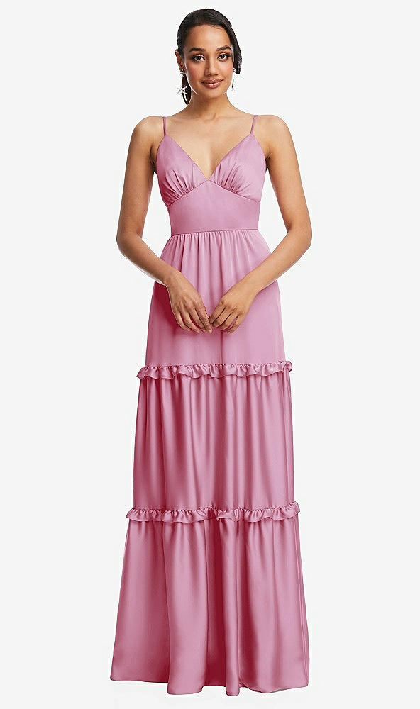 Front View - Powder Pink Low-Back Triangle Maxi Dress with Ruffle-Trimmed Tiered Skirt