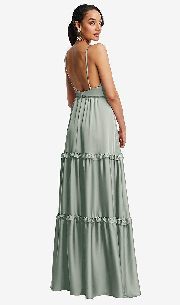 Back View - Willow Green Low-Back Triangle Maxi Dress with Ruffle-Trimmed Tiered Skirt