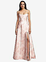 Front View Thumbnail - Bow And Blossom Print Open Neck Cutout Floral Satin A-Line Gown with Pockets
