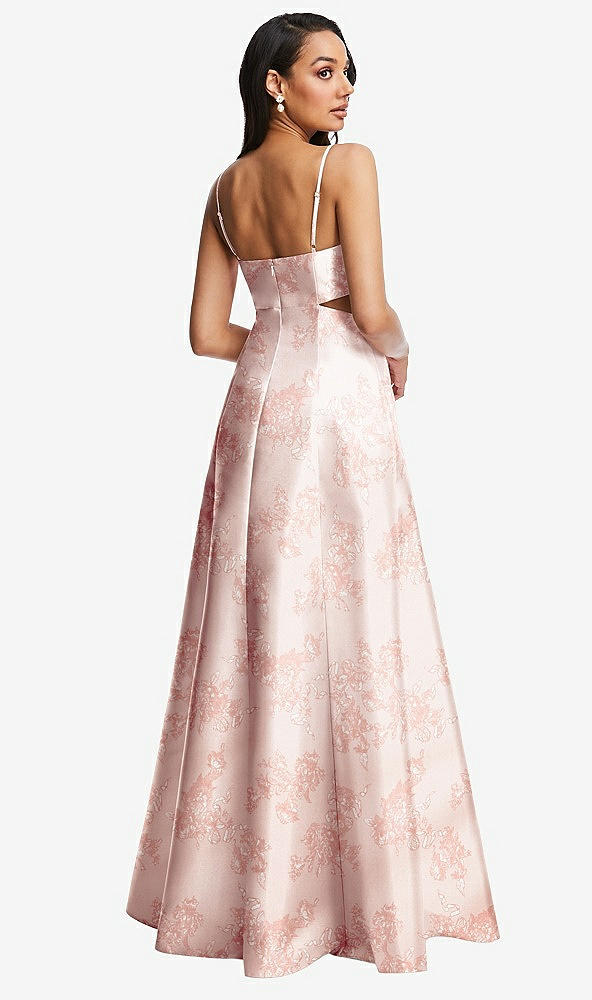 Back View - Bow And Blossom Print Open Neck Cutout Floral Satin A-Line Gown with Pockets