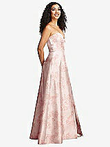 Side View Thumbnail - Bow And Blossom Print Strapless Bustier A-Line Floral Satin Gown with Front Slit