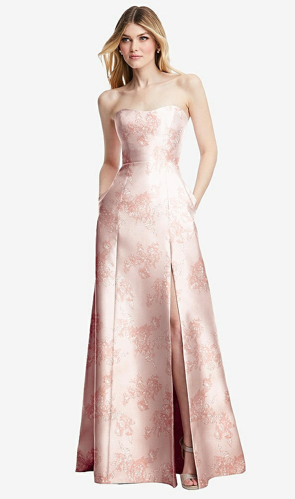 Front View - Bow And Blossom Print Strapless A-line Floral Satin Gown with Modern Bow Detail