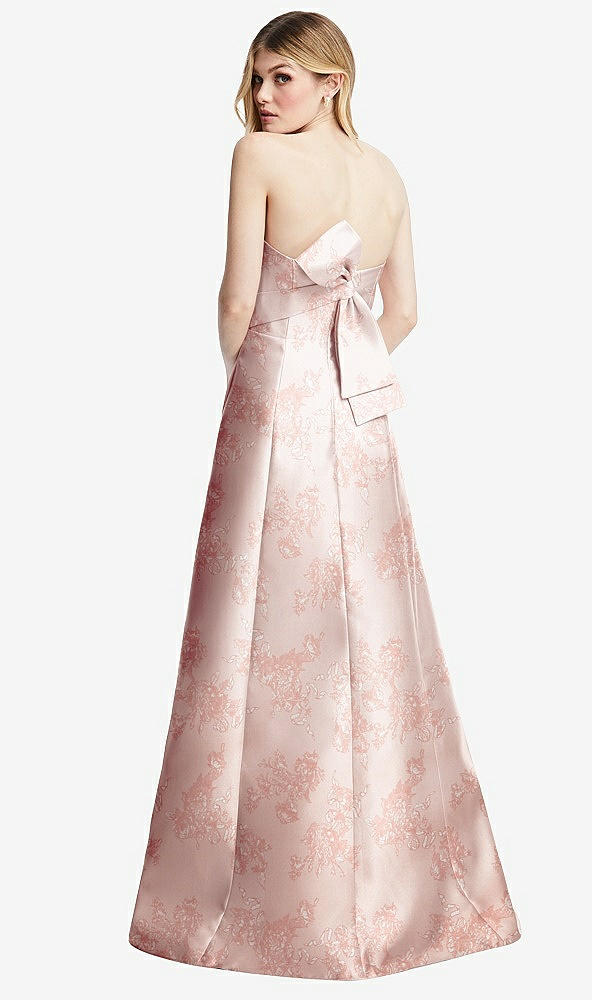 Back View - Bow And Blossom Print Strapless A-line Floral Satin Gown with Modern Bow Detail