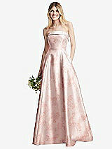 Alt View 1 Thumbnail - Bow And Blossom Print Strapless Bias Cuff Bodice Floral Satin Gown with Pockets