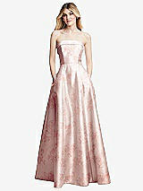 Front View Thumbnail - Bow And Blossom Print Strapless Bias Cuff Bodice Floral Satin Gown with Pockets