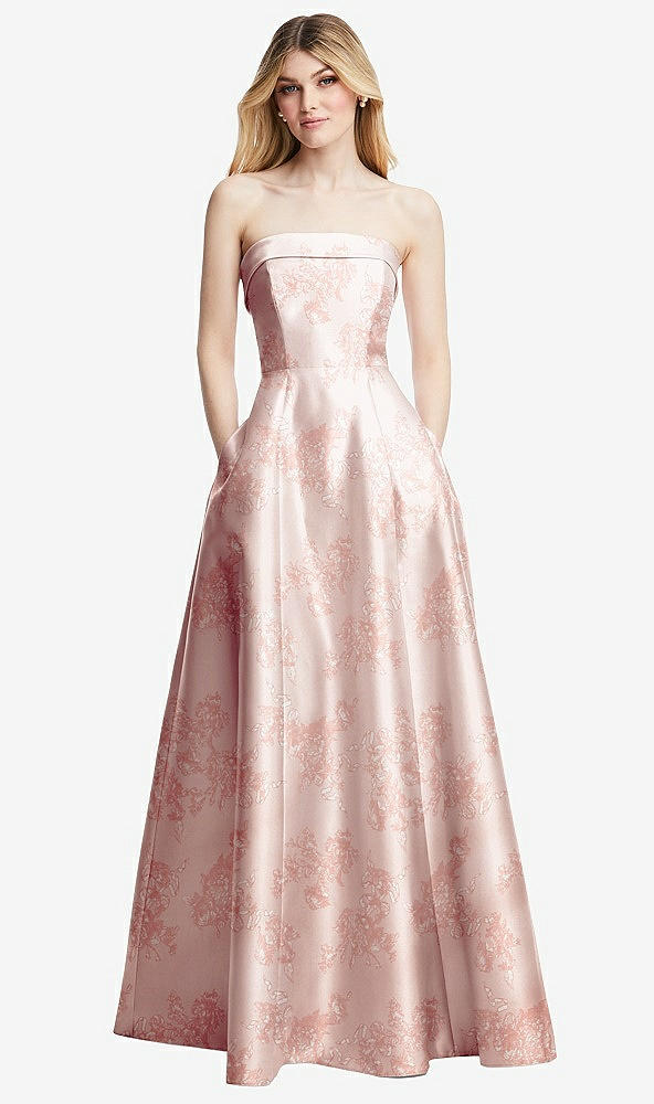 Front View - Bow And Blossom Print Strapless Bias Cuff Bodice Floral Satin Gown with Pockets