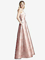 Side View Thumbnail - Bow And Blossom Print Strapless Bias Cuff Bodice Floral Satin Gown with Pockets