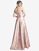 Rear View Thumbnail - Bow And Blossom Print Strapless Bias Cuff Bodice Floral Satin Gown with Pockets