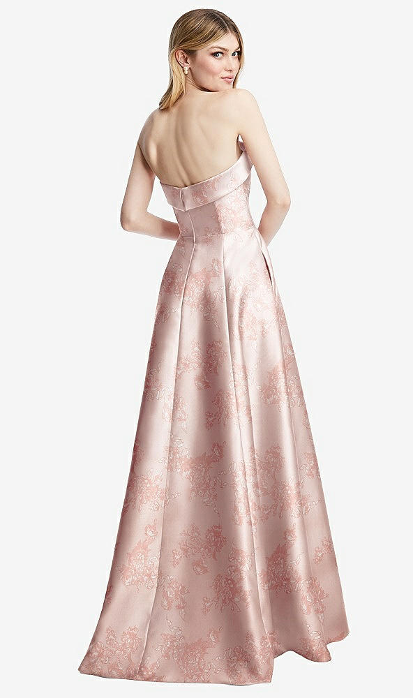 Back View - Bow And Blossom Print Strapless Bias Cuff Bodice Floral Satin Gown with Pockets