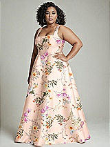 Alt View 5 Thumbnail - Butterfly Botanica Pink Sand Boned Corset Closed-Back Floral Satin Gown with Full Skirt