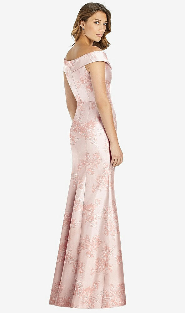 Back View - Bow And Blossom Print Off-the-Shoulder Cuff Floral Trumpet Gown with Front Slit