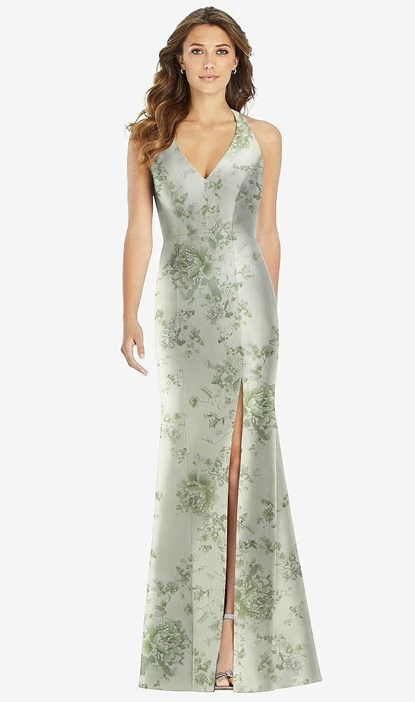 Front View - Cottage Rose Sage V-Neck Halter Floral Satin Trumpet Gown with Front Slit