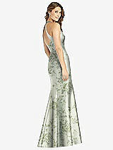 Rear View Thumbnail - Cottage Rose Sage V-Neck Halter Floral Satin Trumpet Gown with Front Slit