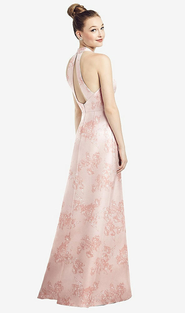 Back View - Bow And Blossom Print High-Neck Cutout Floral Satin Dress with Pockets