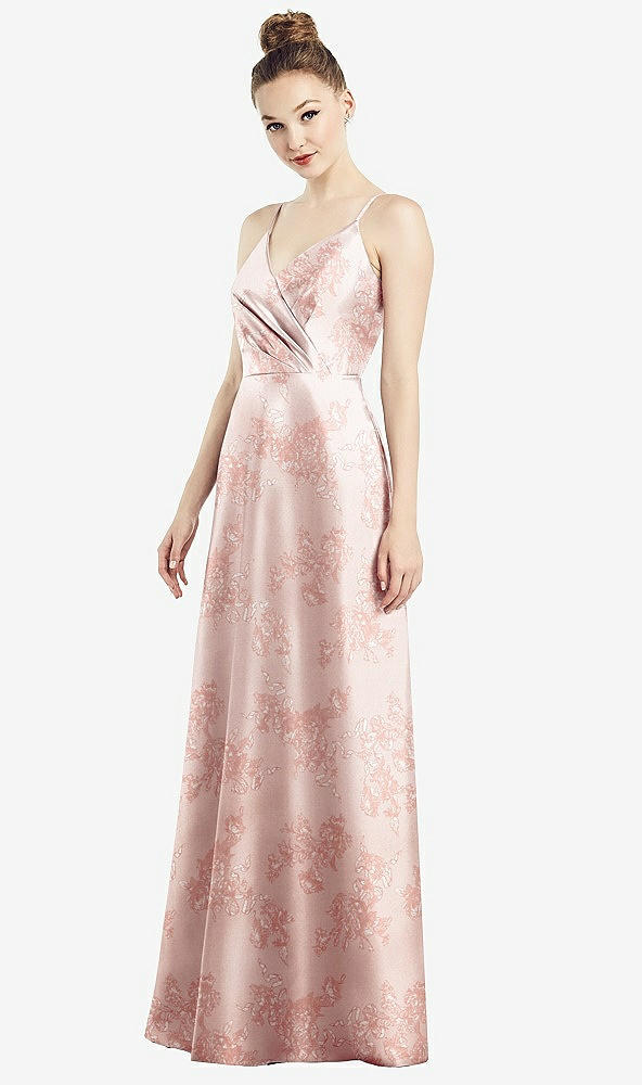Front View - Bow And Blossom Print Draped Wrap Floral Satin Maxi Dress with Pockets