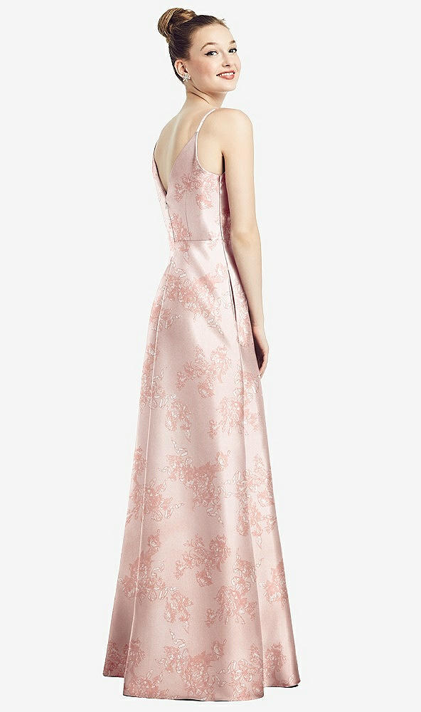 Back View - Bow And Blossom Print Draped Wrap Floral Satin Maxi Dress with Pockets