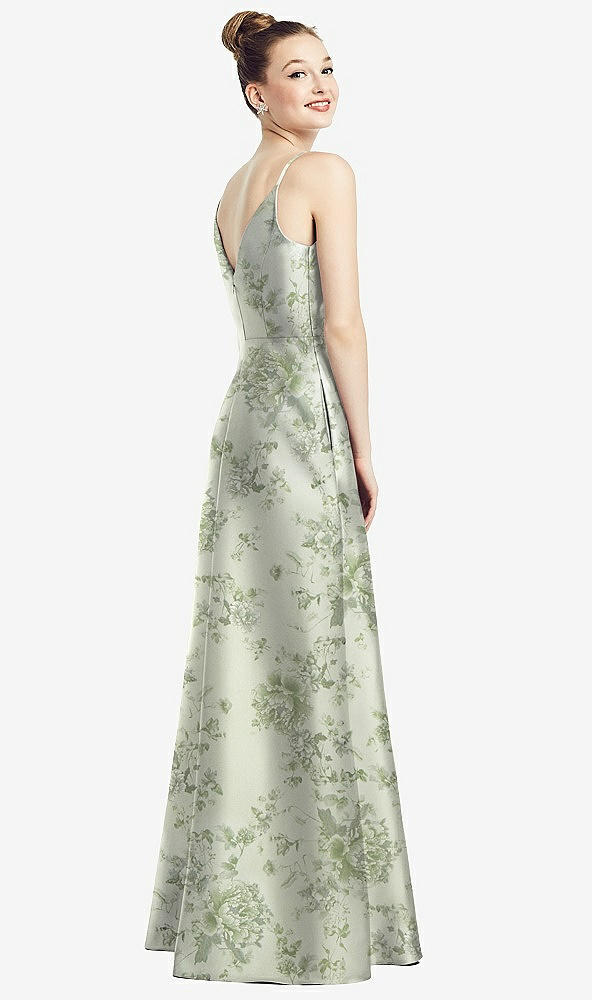 Back View - Cottage Rose Sage Draped Wrap Floral Satin Maxi Dress with Pockets