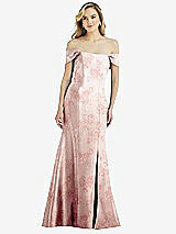 Front View Thumbnail - Bow And Blossom Print Off-the-Shoulder Bow-Back Floral Satin Trumpet Gown