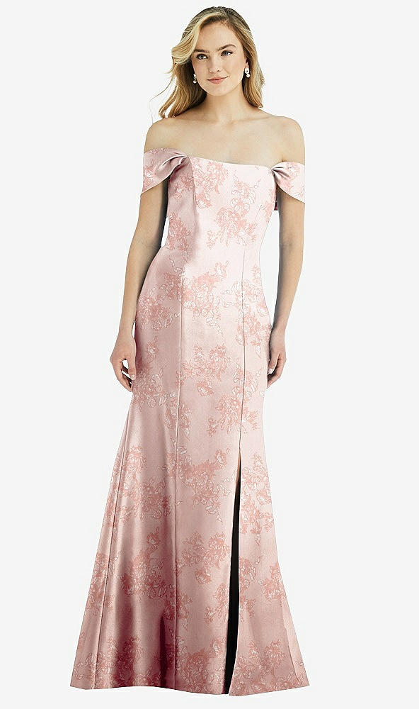 Front View - Bow And Blossom Print Off-the-Shoulder Bow-Back Floral Satin Trumpet Gown