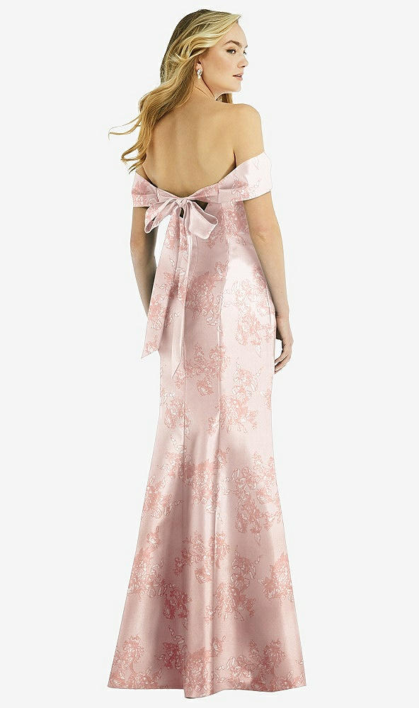 Back View - Bow And Blossom Print Off-the-Shoulder Bow-Back Floral Satin Trumpet Gown