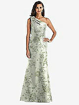 Alt View 1 Thumbnail - Cottage Rose Sage Bow One-Shoulder Floral Satin Trumpet Gown