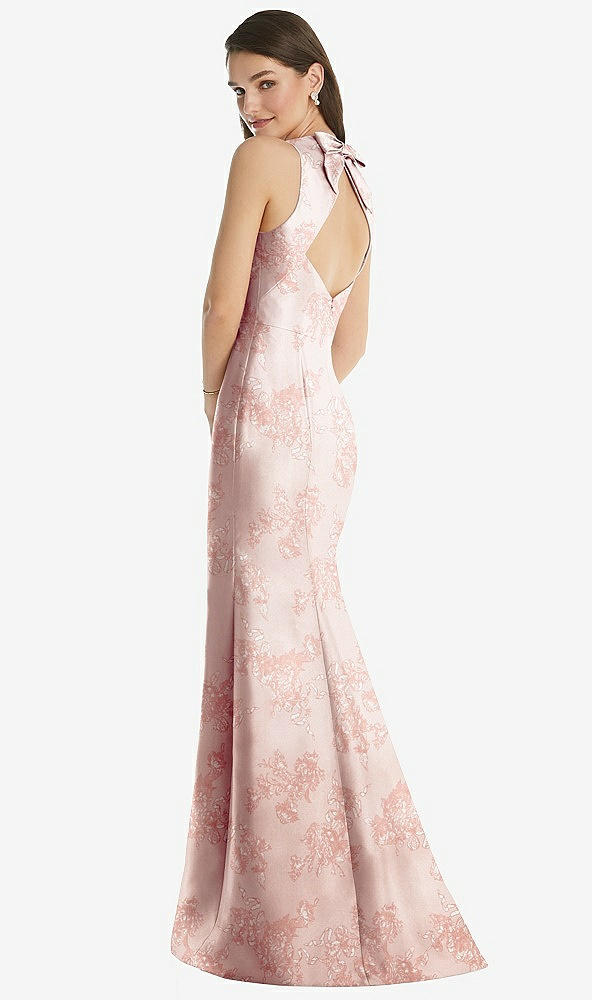 Back View - Bow And Blossom Print Jewel Neck Bowed Open-Back Floral SatinTrumpet Dress