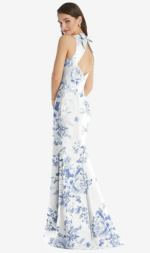 Back View - Cottage Rose Larkspur Jewel Neck Bowed Open-Back Floral SatinTrumpet Dress