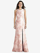 Front View Thumbnail - Bow And Blossom Print Jewel Neck Bowed Open-Back Floral Trumpet Dress with Front Slit