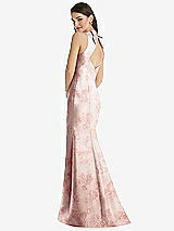 Rear View Thumbnail - Bow And Blossom Print Jewel Neck Bowed Open-Back Floral Trumpet Dress with Front Slit