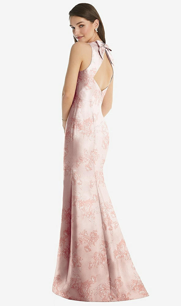 Back View - Bow And Blossom Print Jewel Neck Bowed Open-Back Floral Trumpet Dress with Front Slit