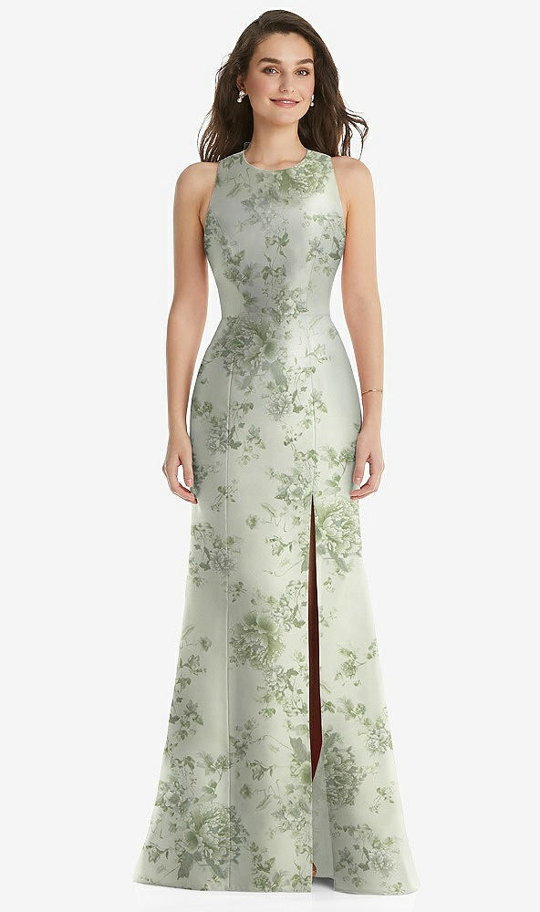 Front View - Cottage Rose Sage Jewel Neck Bowed Open-Back Floral Trumpet Dress with Front Slit