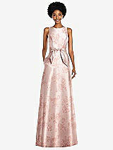 Front View Thumbnail - Bow And Blossom Print Jewel-Neck V-Back Floral Satin Maxi Dress with Mini Sash
