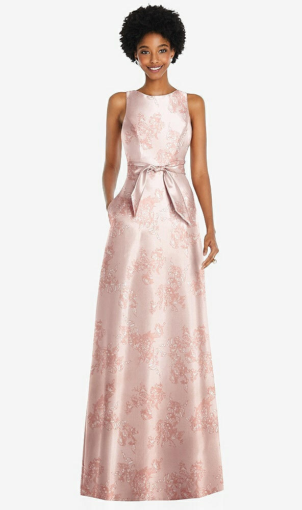 Front View - Bow And Blossom Print Jewel-Neck V-Back Floral Satin Maxi Dress with Mini Sash