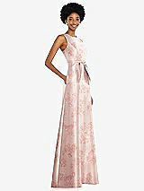 Side View Thumbnail - Bow And Blossom Print Jewel-Neck V-Back Floral Satin Maxi Dress with Mini Sash