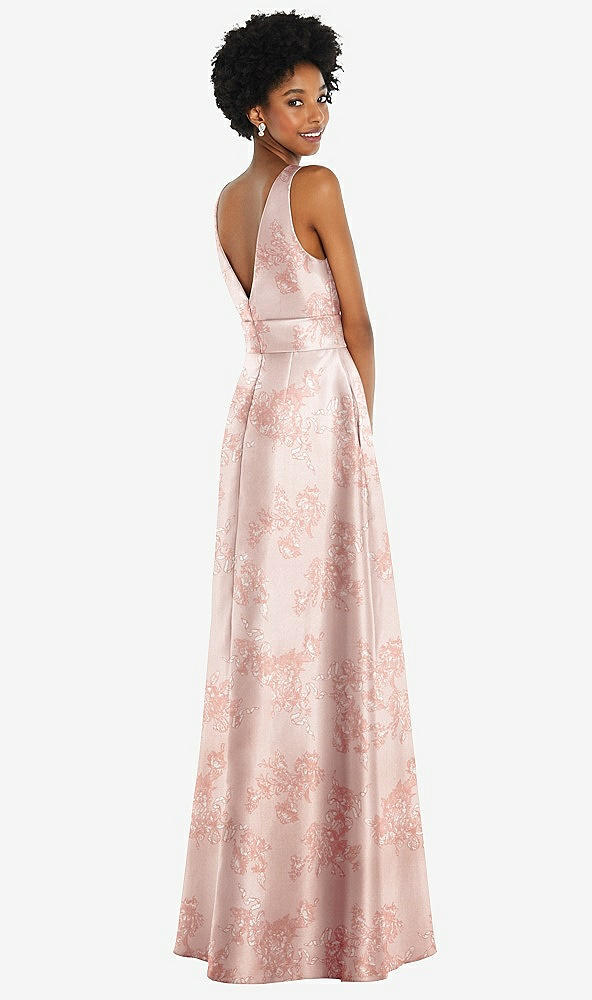 Back View - Bow And Blossom Print Jewel-Neck V-Back Floral Satin Maxi Dress with Mini Sash