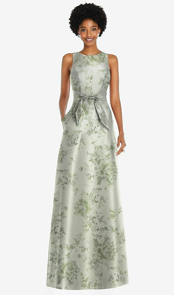 Front View - Cottage Rose Sage Jewel-Neck V-Back Floral Satin Maxi Dress with Mini Sash