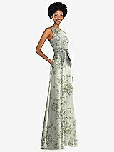 Side View Thumbnail - Cottage Rose Sage Jewel-Neck V-Back Floral Satin Maxi Dress with Mini Sash