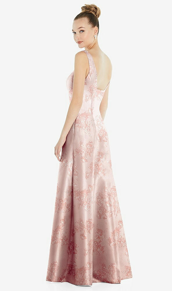 Back View - Bow And Blossom Print Sleeveless Square-Neck Princess Line Floral Gown with Pockets