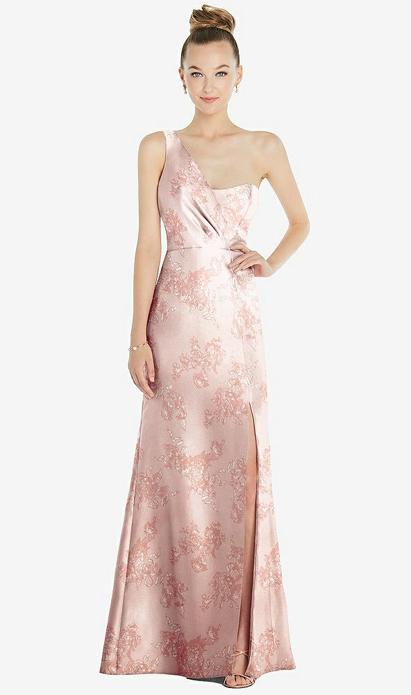 Front View - Bow And Blossom Print Draped One-Shoulder Floral Satin Trumpet Gown with Front Slit