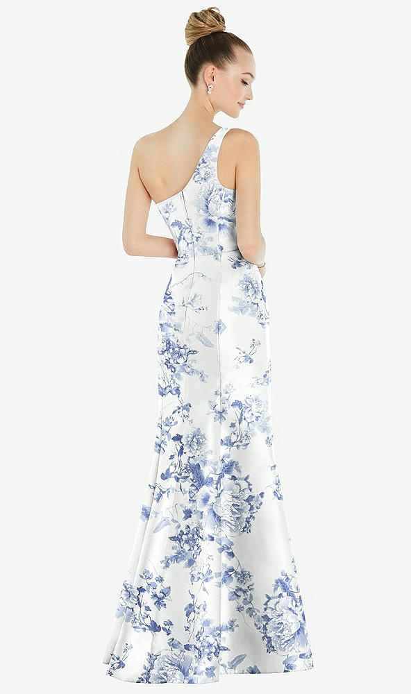 Back View - Cottage Rose Larkspur Draped One-Shoulder Floral Satin Trumpet Gown with Front Slit