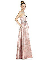 Side View Thumbnail - Bow And Blossom Print Basque-Neck Strapless Floral Satin Gown with Mini Sash