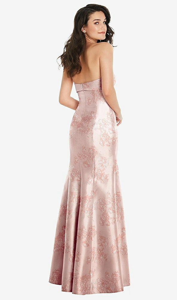 Back View - Bow And Blossom Print Bow Cuff Strapless Floral Princess Waist Trumpet Gown