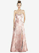 Front View Thumbnail - Bow And Blossom Print Bow Cuff Strapless Floral Satin Ball Gown with Pockets