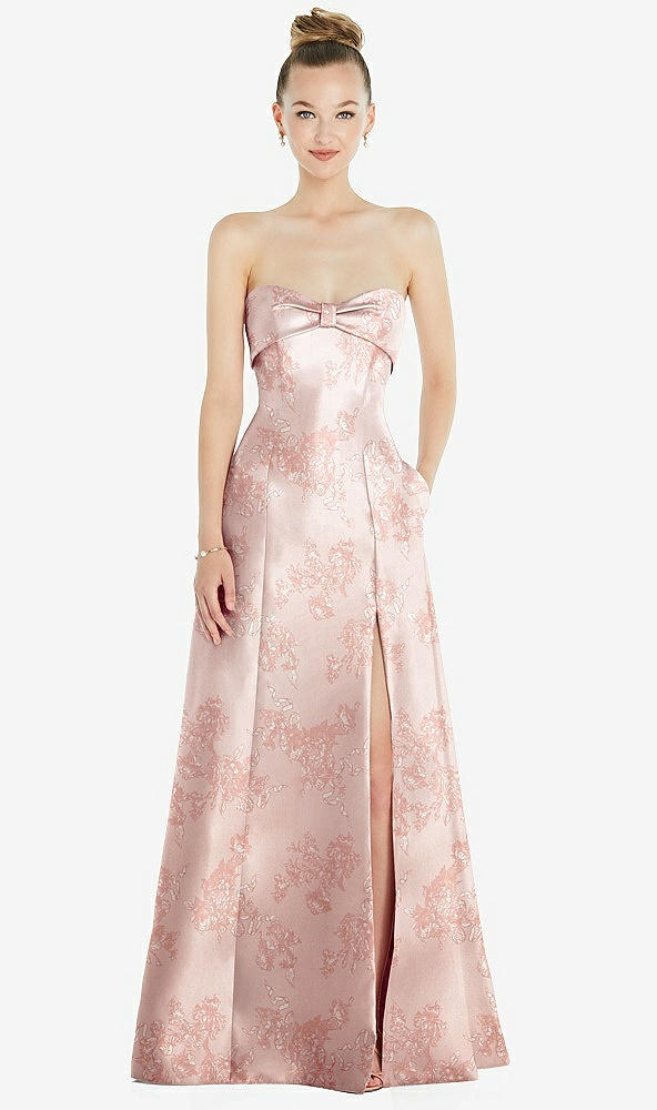 Front View - Bow And Blossom Print Bow Cuff Strapless Floral Satin Ball Gown with Pockets