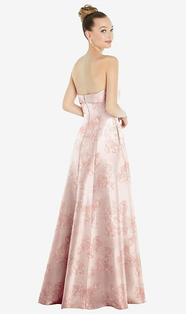 Back View - Bow And Blossom Print Bow Cuff Strapless Floral Satin Ball Gown with Pockets
