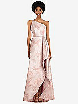 Alt View 1 Thumbnail - Bow And Blossom Print One-Shoulder Floral Satin Gown with Draped Front Slit